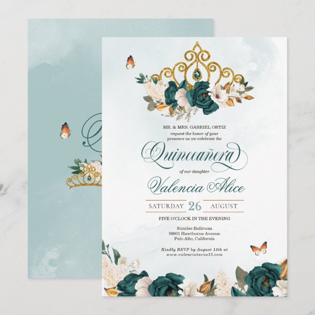 Invitación Rosas verdes esmeraldas Quince mariposa de oro de  (Anverso / Reverso)