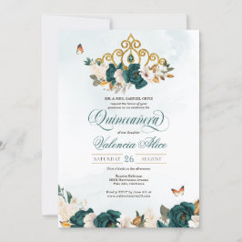 Invitación Rosas verdes esmeraldas Quince mariposa de oro de 