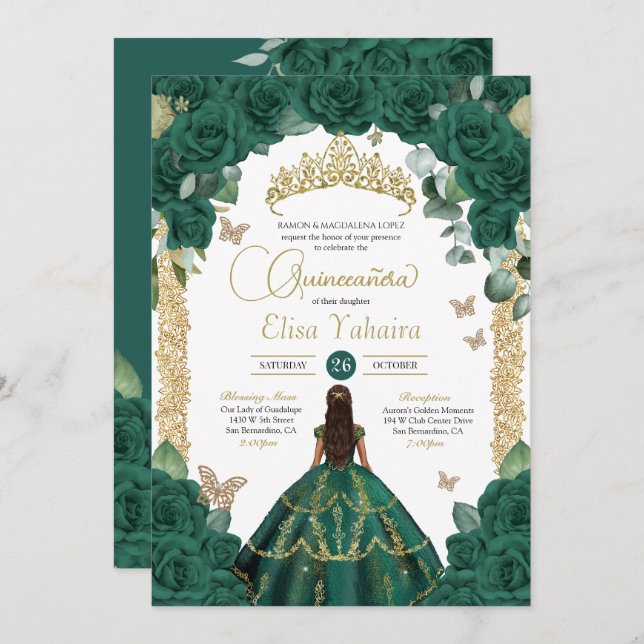Invitación Rosas verdes esmeraldas y mariposa de oro Quincean (Anverso / Reverso)