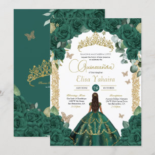 Invitación Rosas verdes esmeraldas y mariposa de oro Quincean