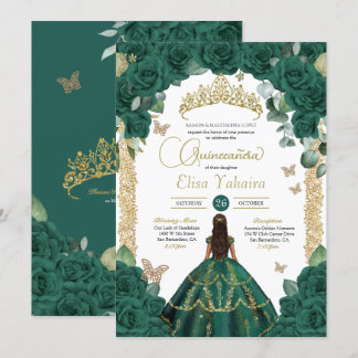 Invitación Rosas verdes esmeraldas y mariposa de oro Quincean