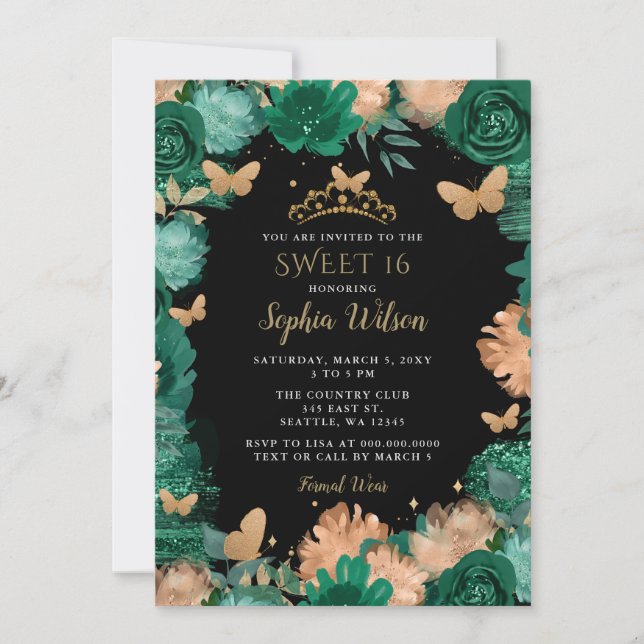 Invitación Rosas verdes Mariposas de oro negro dulce 16 (Anverso)
