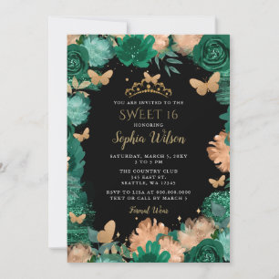Invitación Rosas verdes Mariposas de oro negro dulce 16