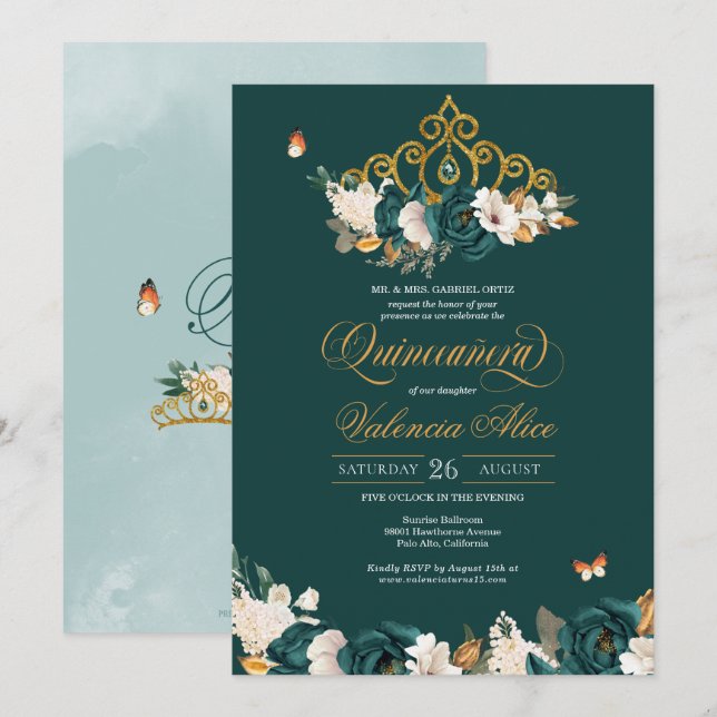 Invitación Rosas verdes mariposas Tiara de oro Quinceanera (Anverso / Reverso)
