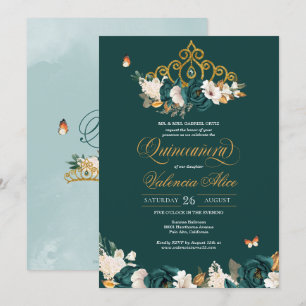Invitación Rosas verdes mariposas Tiara de oro Quinceanera