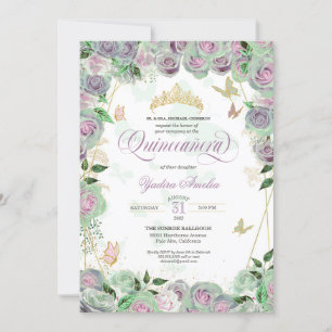 Invitación Rosas Verdes Mint Elegantes Mariposa Quinceanera