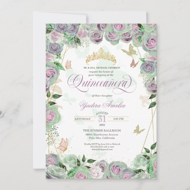 Invitación Rosas Verdes Mint Elegantes Mariposa Quinceanera E (Anverso)