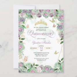 Invitación Rosas Verdes Mint Elegantes Mariposa Quinceanera E