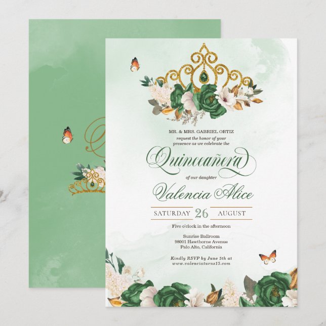 Invitación Rosas Verdes Oro Tiara Mariposa Quinceanera (Anverso / Reverso)