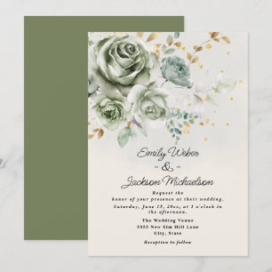 Invitación Rosas Verdes Peonías Elegante Glitter Boda
