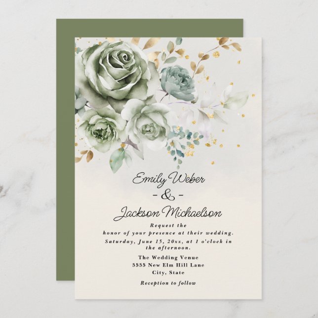 Invitación Rosas verdes Peonies Elegant Purpurina de oro Boda (Anverso / Reverso)