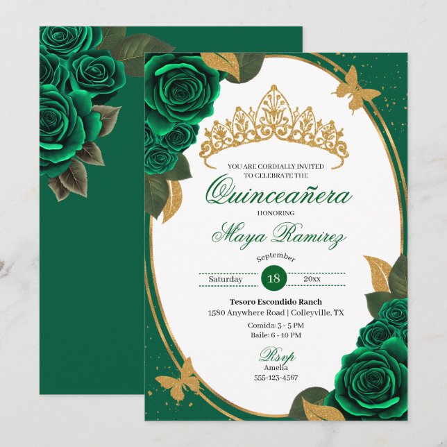 Invitación Rosas verdes Purpurina de oro mariposa Quinceañera (Anverso / Reverso)
