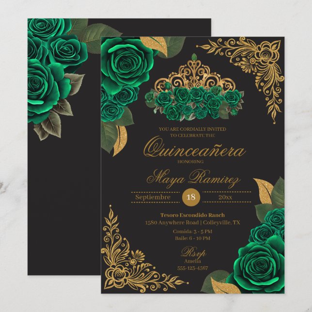 Invitación Rosas verdes Purpurina de oro negro Tiara Quinceañ (Anverso / Reverso)
