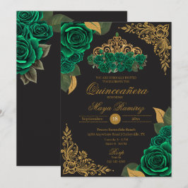 Invitación Rosas verdes Purpurina de oro negro Tiara Quinceañ