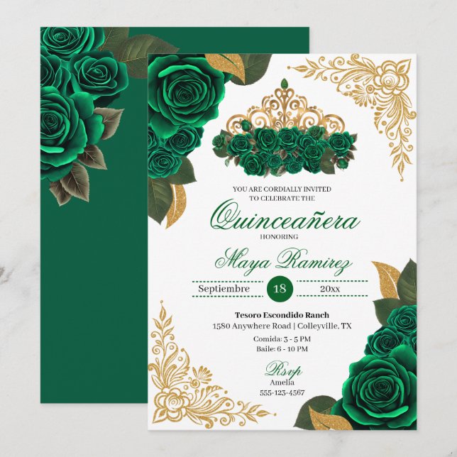 Invitación Rosas verdes Purpurina de oro tramas Tiara Quincea (Anverso / Reverso)