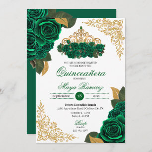 Invitación Rosas verdes Purpurina de oro tramas Tiara Quincea