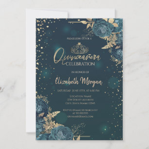 Invitación Rosas Verdes, Tiara Dorada, Diamantes Quinceañera