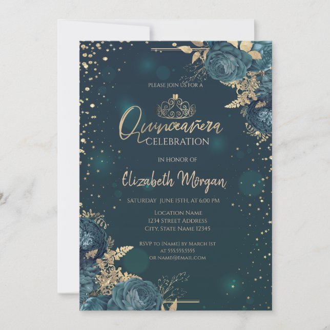 Invitación Rosas verdes, Tiara dorado, Diamonds Quinceañera (Anverso)
