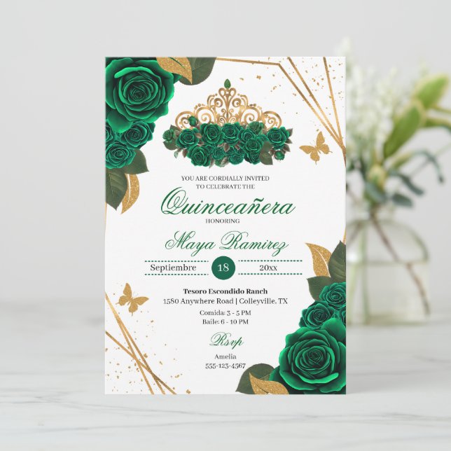 Invitación Rosas verdes Tiara Purpurina de oro Quinceañera (Anverso de pie)