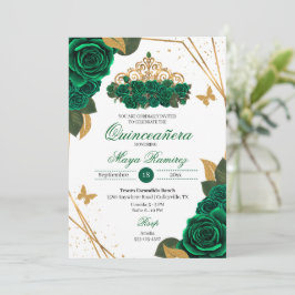 Invitación Rosas verdes Tiara Purpurina de oro Quinceañera