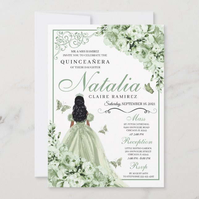 Invitación Rosas verdes vestimenta la princesa Tiara Quincean (Anverso)
