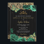 Invitación Rosas verdes vintage Black Gold Lace Sweet 16<br><div class="desc">Elegante Rosas verdes de esmeralda veneciana mariposas Lace de oro negro dulce de 16 cumpleaños invitación</div>