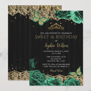 Invitación Rosas verdes vintage Black Gold Lace Sweet 16