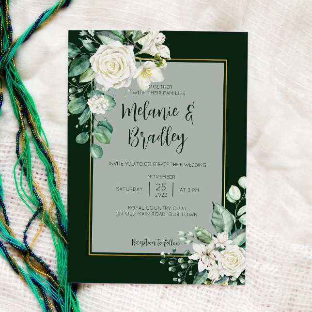 Invitación Rosas verdes y blancas boda elegante y sencillo (Subido por el creador)