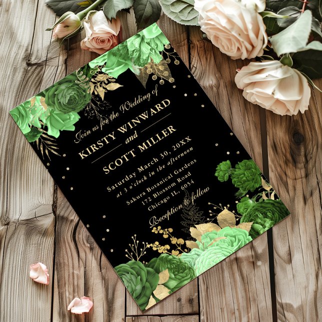 Invitación Rosas verdes y dorados Boda floral fronterizo (Subido por el creador)