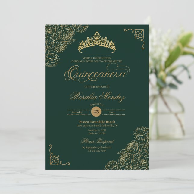 Invitación Rosas verdes y dorados elegantes de Quinceañera (Anverso de pie)