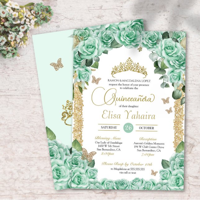Invitación Rosas verdes y mariposa Quinceanera (Subido por el creador)