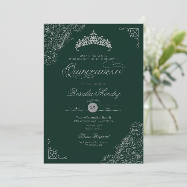 Invitación Rosas verdes y plateados elegante Quinceañera (Anverso de pie)