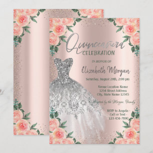 Invitación Rosas,Vestido,Flores,Rosa Dorada Quinceañera