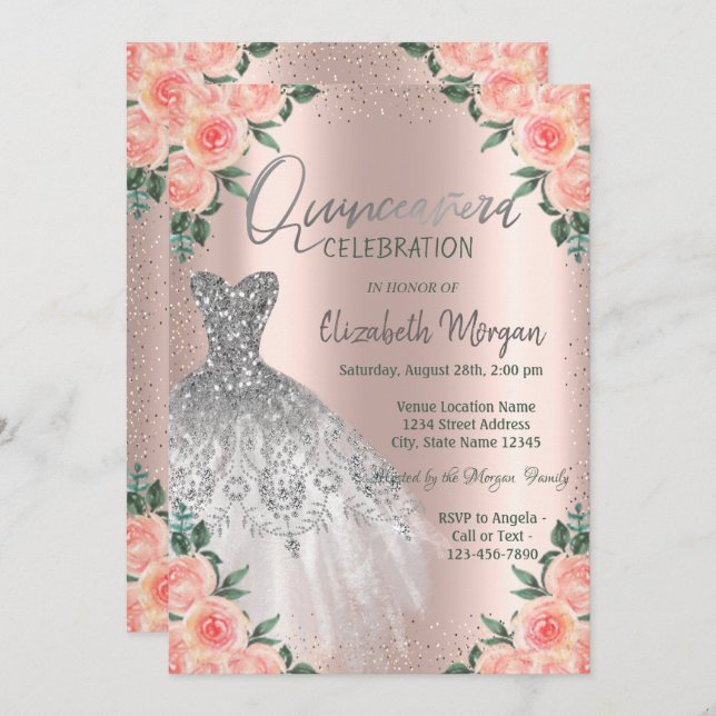 Invitación Rosas, Vestidos, Flores, Quinceañera de oro Rosa (Anverso / Reverso)