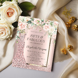 Invitación Rosas Vestidos Rosa Purpurina de Oro Confetti 50