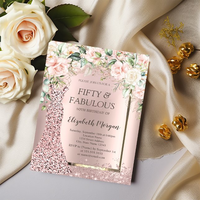Invitación Rosas Vestidos Rosa Purpurina de Oro Confetti 50 (Subido por el creador)