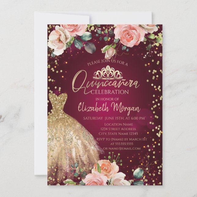 Invitación Rosas, Vestir Tiara, Diamantes Borgoña Quinceañera (Anverso)