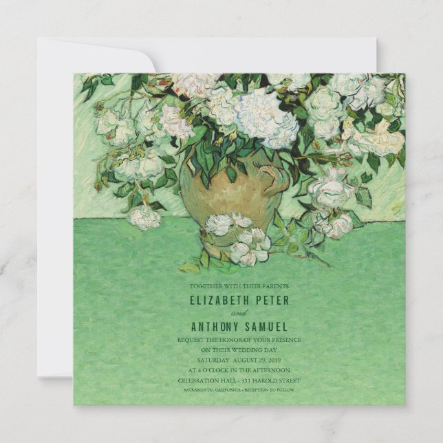 Invitación Rosas Vincent van Gogh Pintura 5.25x5.25 Boda (Anverso)