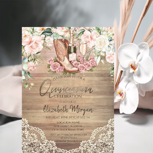 Invitación Rosas Vino Botas Encaje Quinceañera