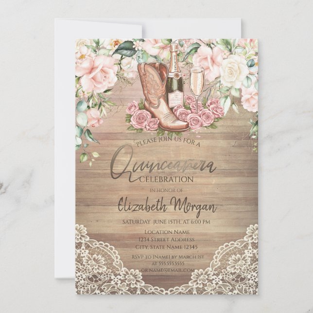 Invitación Rosas Vino Botas Encaje Quinceañera (Anverso)