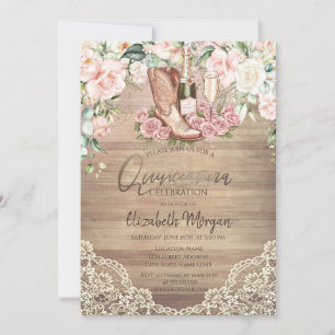 Invitación Rosas Vino Botas Encaje Quinceañera