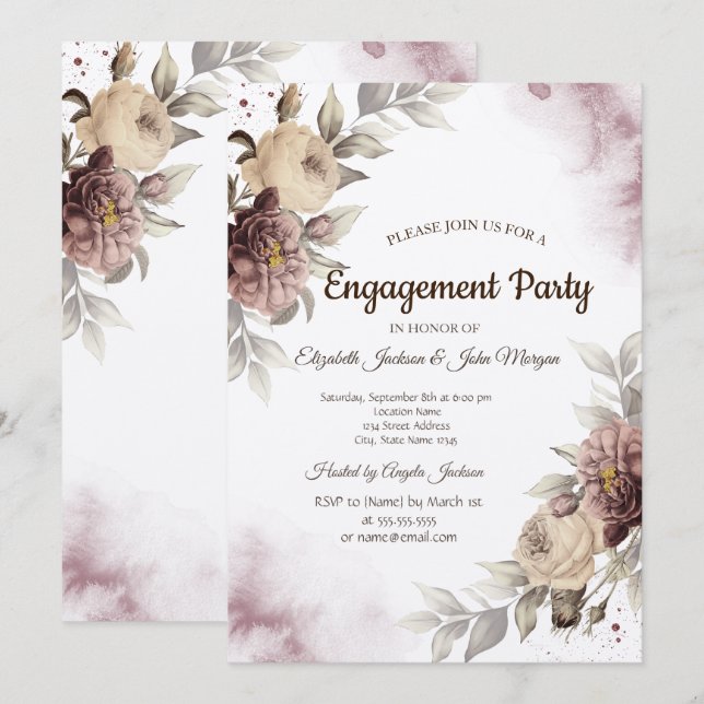 Invitación Rosas vintage acuarela compromiso (Anverso / Reverso)