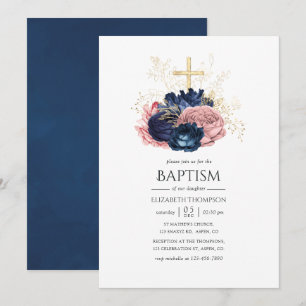 Invitación Rosas vintage azules y rosadas para Bautizo