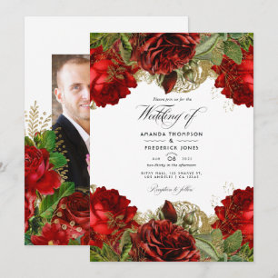 Invitación Rosas vintage chic burgundy y dorado para boda Fot