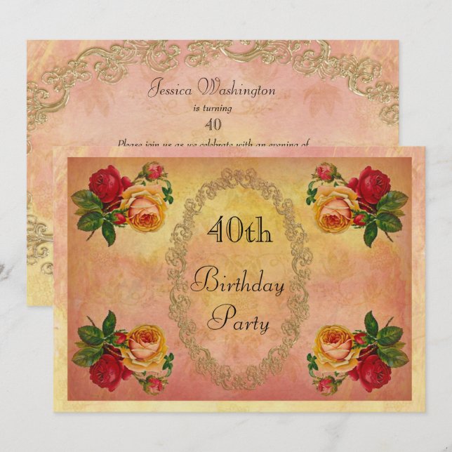 Invitación Rosas Vintage Chic Cumpleaños 40 (Anverso / Reverso)