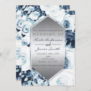 Invitación Rosas Vintage de Boda de Invierno Blue White Silve