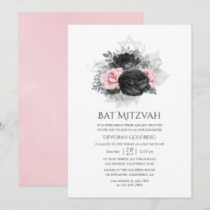 Invitación Rosas Vintage Negras, Rosadas y Plateadas Bat Mitz