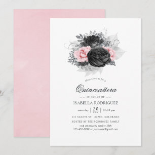 Invitación Rosas Vintage Negras, Rosadas y Plateadas Quinceañ