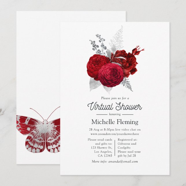 Invitación Rosas vintage rojas y plateadas ducha virtual (Anverso / Reverso)