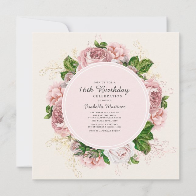 Invitación Rosas Vintage Rosadas Cumpleaños 16 (Anverso)